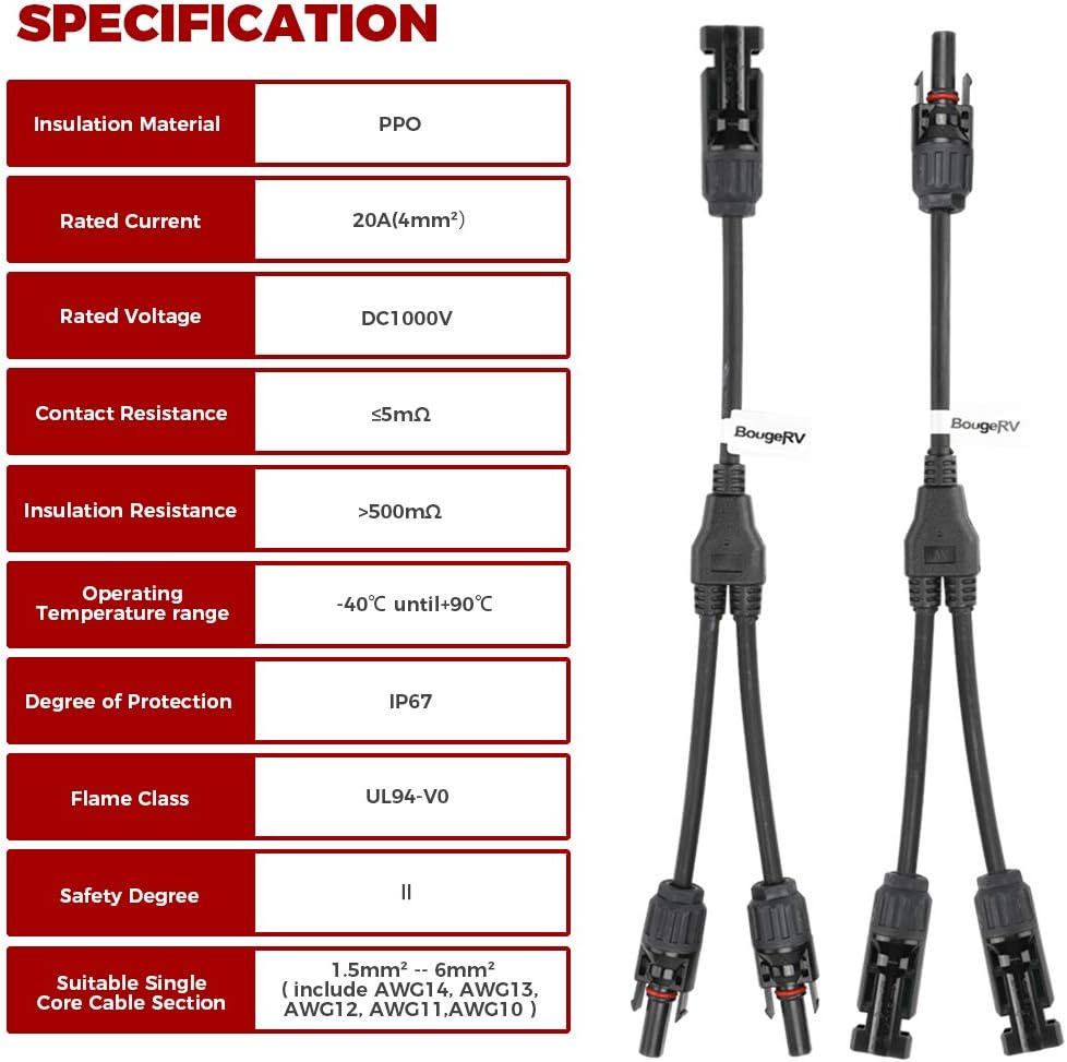 BougeRV 20Ft 10AWG Solar Extension Cable and 1 Pair of Solar Y Branch Parallel Connectors, Included Extra Free Pair of Connectors, 20Ft Solar Extension Cable Connector Kit Made of Pure Copper