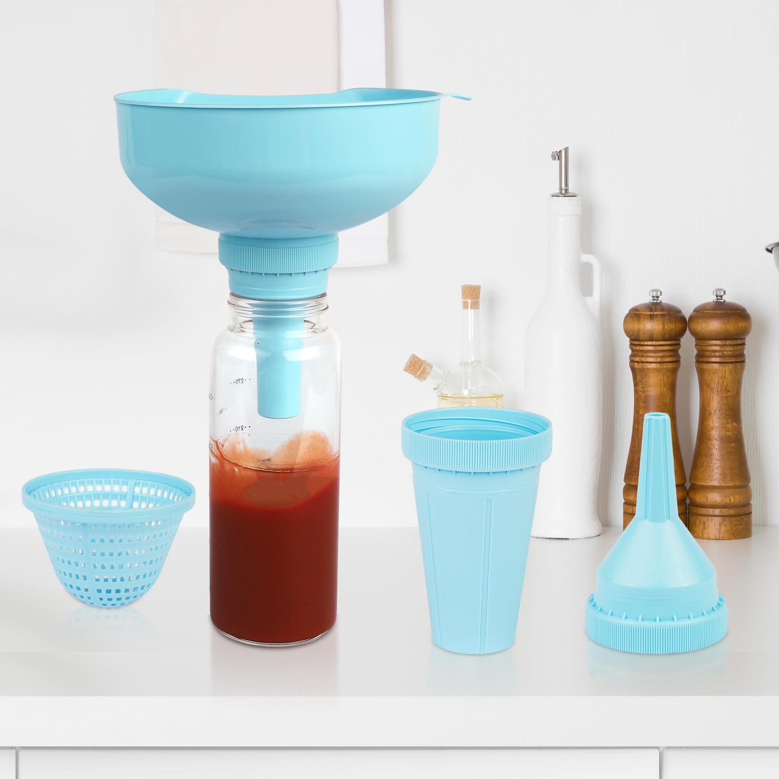 SSYR&P Embudo boca ancha, embudo cocina multiusos 4 en 1 con filtro extraíble, plástico de calidad alimentaria, apto para lavavajillas, para llenar tarros de boca ancha y regulares,azul
