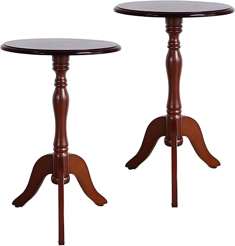 HLR Juego de 2 mesas auxiliares redondas pequeñas, mesa auxiliar con pedestal de madera, 2 piezas, mesita de noche vintage para sala de estar,