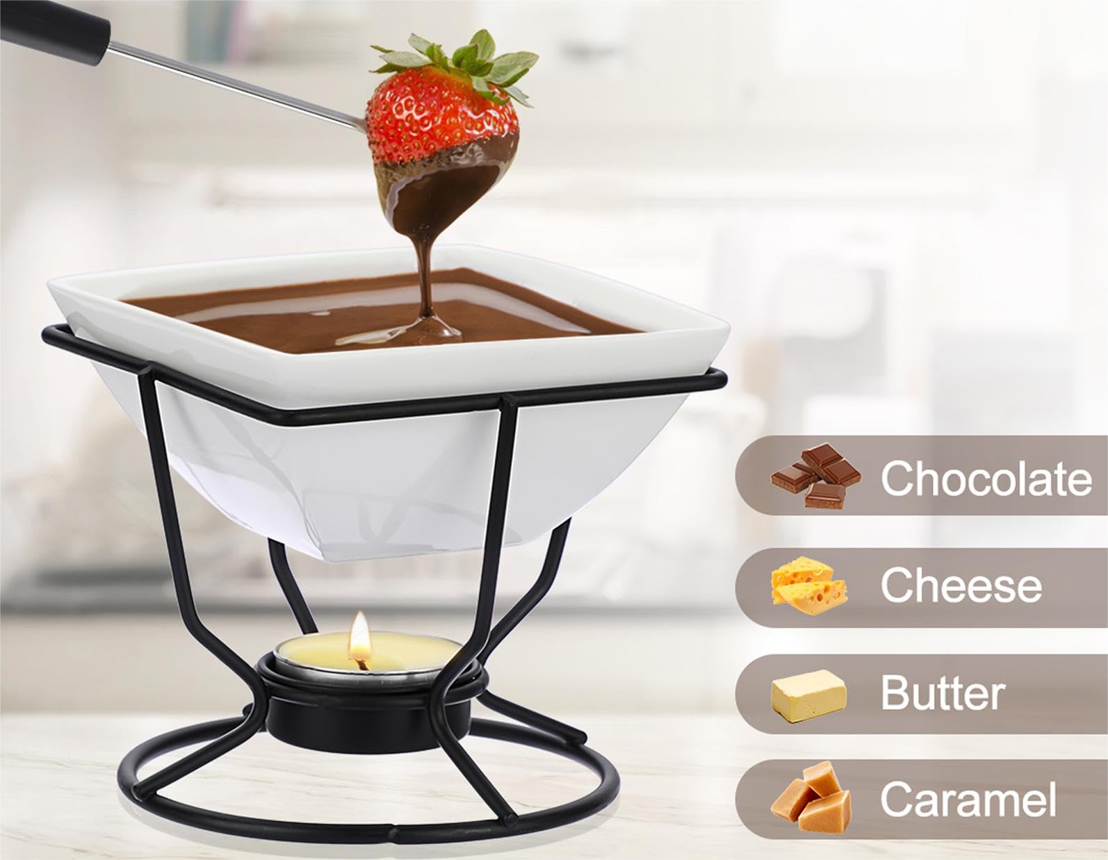 Juego de Fondue de Chocolate Quemador de Cerámica Cuadrado Blanco con 2 Tenedores Calentador de Helado de 200ML con Soporte Redondo de Hierro Negro para Chocolate Mantequilla Queso