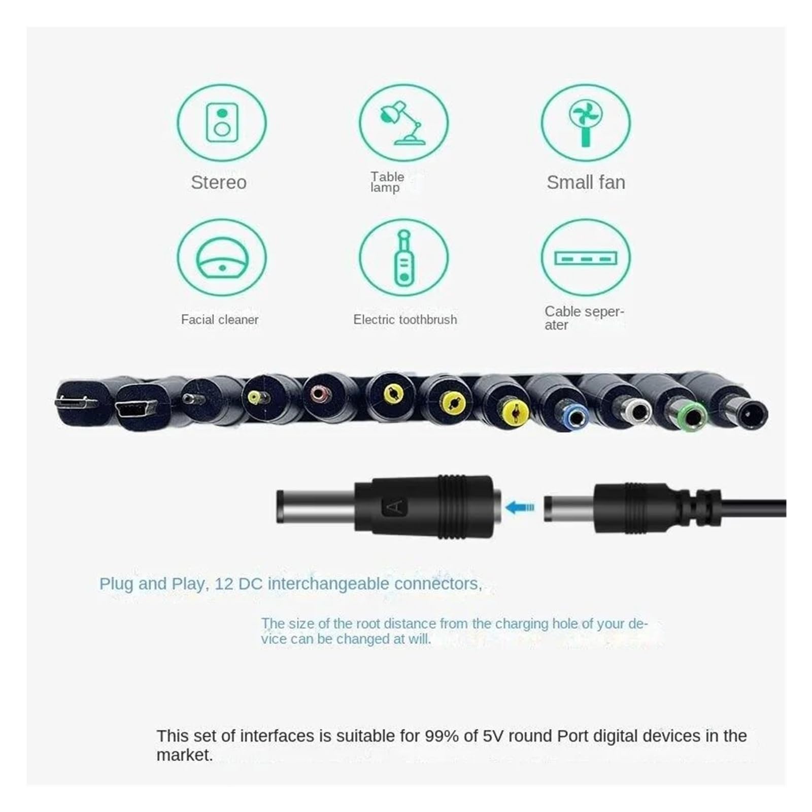 Câble de charge USB vers DC 5 V 5,5 x 2,1 mm avec 12 adaptateurs interchangeables 1 m/2 m (câble 1 m 12 en 1)