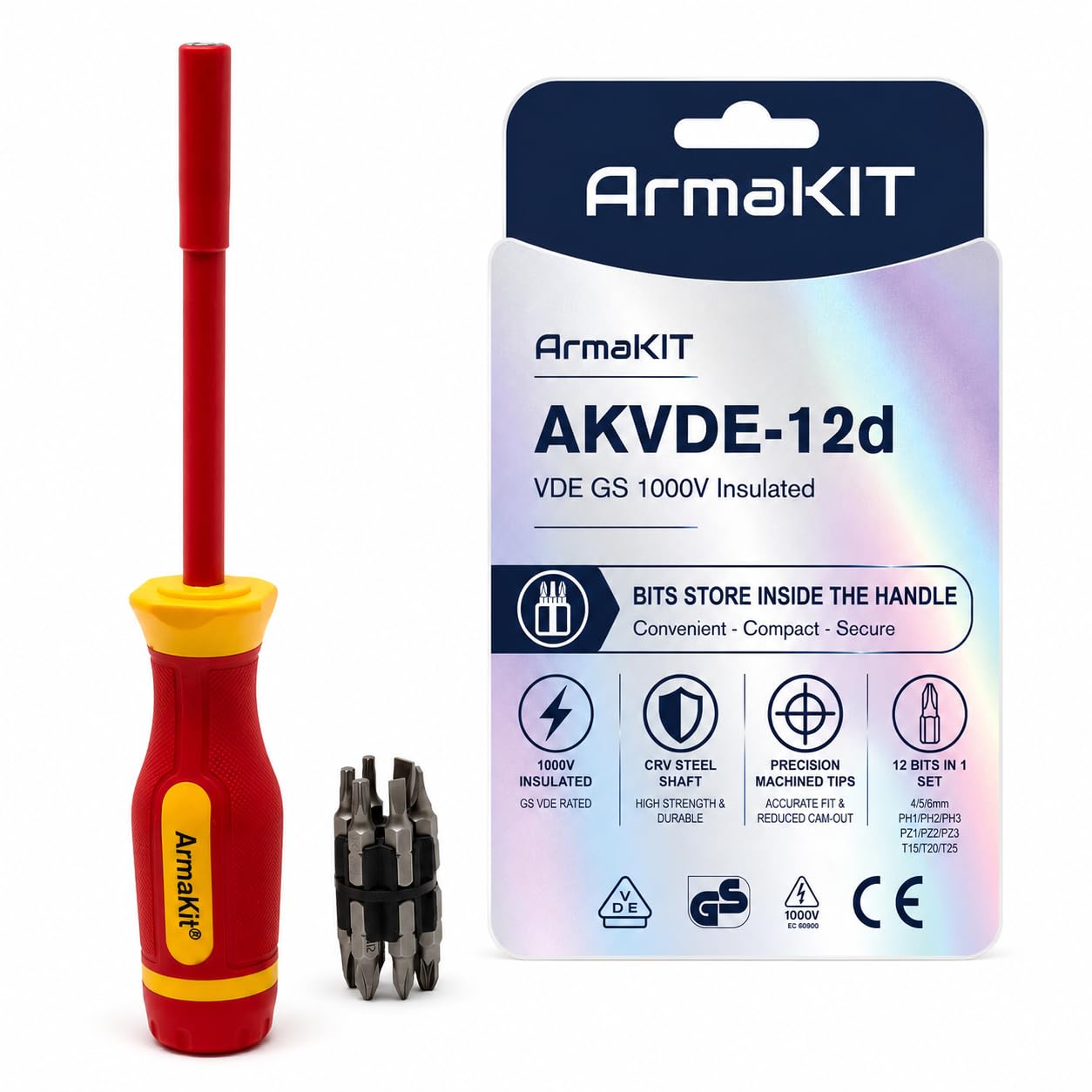 Armakit Bit Driver Vde Gs 1000V Insulated Set (Crv Steel)- 4/5/6Mm Slotted, Ph1/Ph2/Ph3, Pz1/Pz2/Pz3, T15,T20,T25