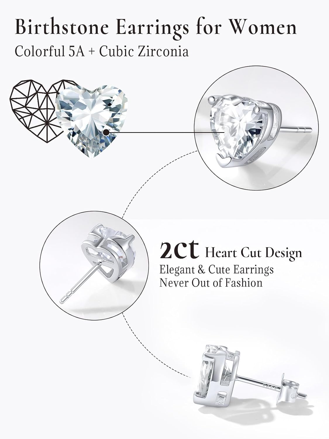 SILVERCUTE 925 Sterling Silver 2ct Birthstone Stud Earrings,Hypoallergenic Round/Heart/Square Birthstone Earrings for Women Birthday Christmas Jewelry