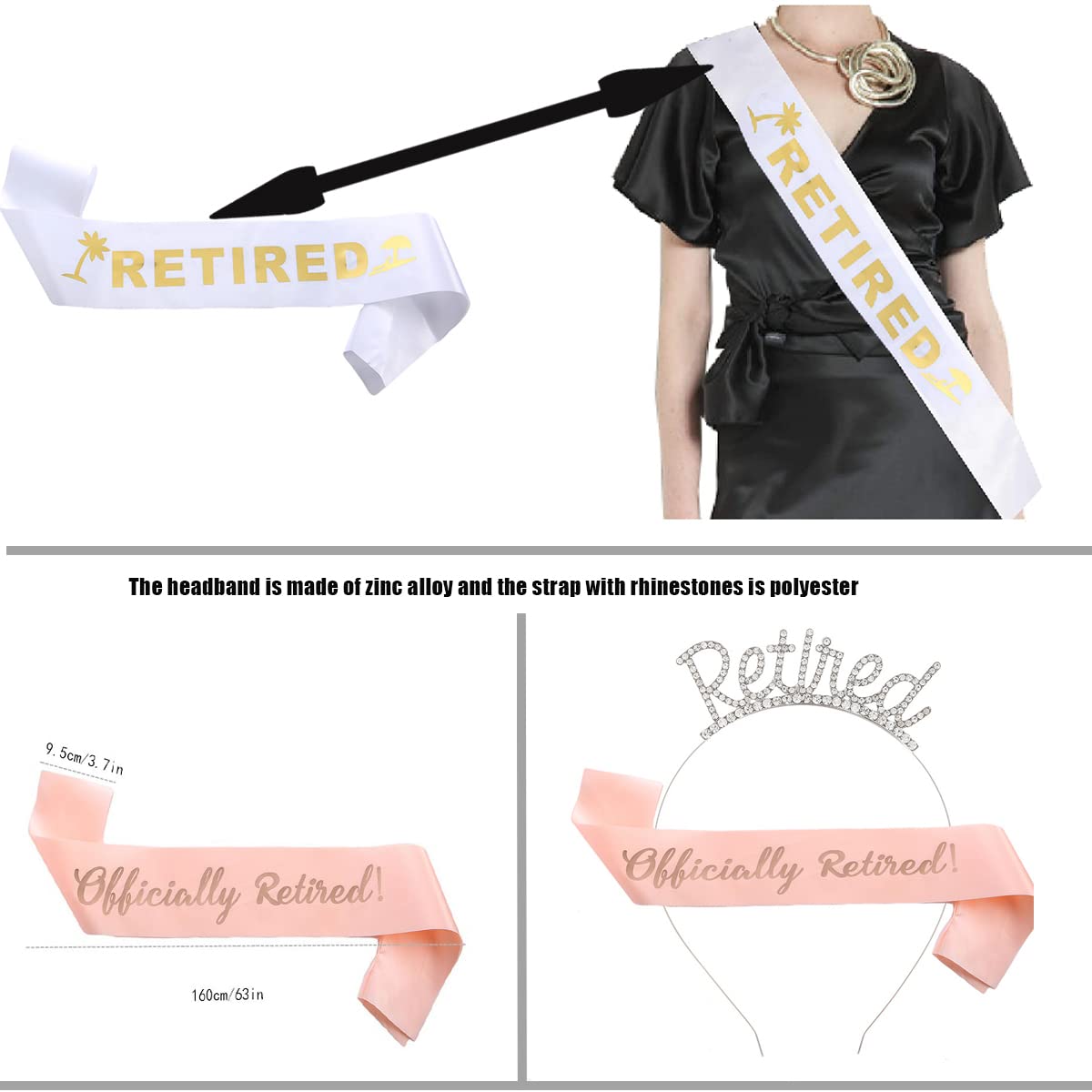 KINBOM 1 Set Pensioen Kroon en Sjerp, Glitter Officieel Gepensioneerde Strass Kroon en Gepensioneerde Sjerpen Pensioen Feest Versieringen voor Dames (Zilver, Wit, Gouden
