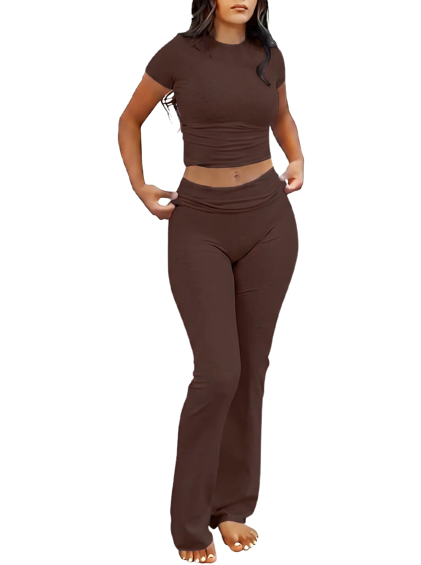 IWOLLENCE Lounge Set Damen Zweiteiler Hausanzug Kurzarm Oberteil mit Breitem Elastischem Hosenbund Schlaghose Loungewear Set
