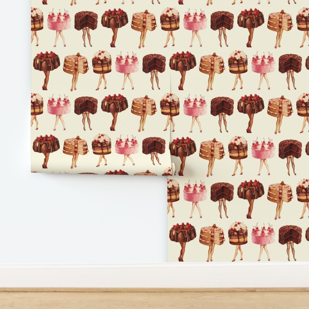 Spoonflower Peel & Stick Wallpaper Swatch - Cake Food Baking Bakery Vintage Women Retro Custom Removable Wallpaper