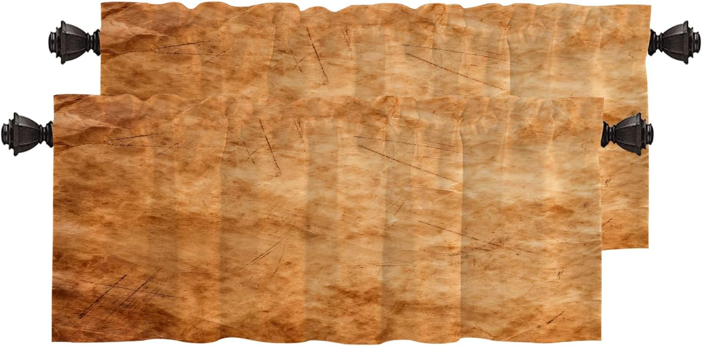 Abstract Art Brown Gold Kitchen Valances Window Curtain, Abstract Aged Copper Pattern Blackout Decoration Small Window Valances Curtains Drapes for Kitchen Bedroom, 52 X 18 Inch Set of 2