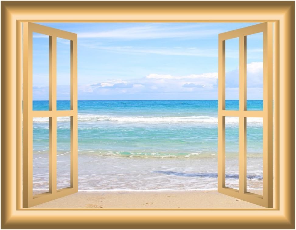 VWAQ Beach Scene Window Wall Decal Nature Decor Bedroom Wall Sticker Peel and Stick Mural NW3 (36" H X 46" W)