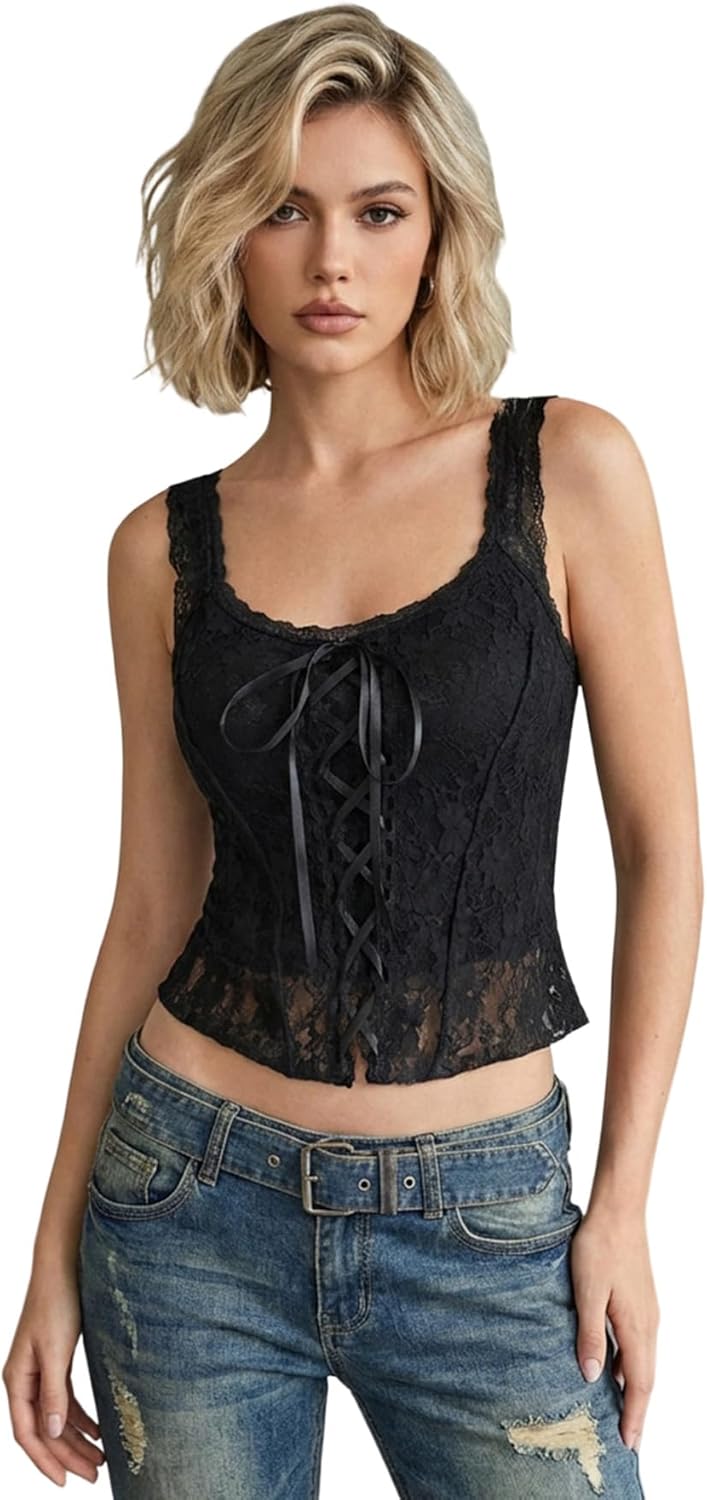 Women's Goth Lace Crop Tank Top Y2k Lace Up Scoop Neck Fitted Going Out Club Tops