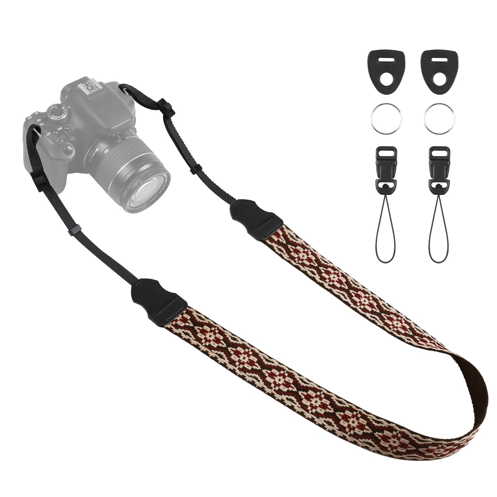 Universal Camera Strap - Camera Neck Strap, Adjustable Shoulder Straps Compatible with Canon, Fujifilm, Nikon, Olympus, Panasonic and other SLR and mirrorless cameras - Red and Black Geo