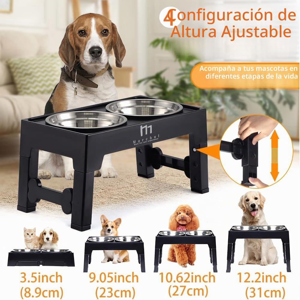 Marchul Comedero Perro Elevado de 4 Alturas Ajustables, 2 X 1200ml Comedero y Bebedero Perro, Cuencos Elevados para Perros Pequeños, Medianos y Grandes, Plegable y Antideslizante