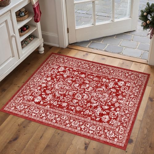 Christmas Area Rug 2x3 Red Washable Entryway Non Slip Small Carpet Holiday Door Mat Vintage Distressed Floral Accent Rug Low Pile Soft Thin Xmas Doormat for Bathroom Laundry Kitchen