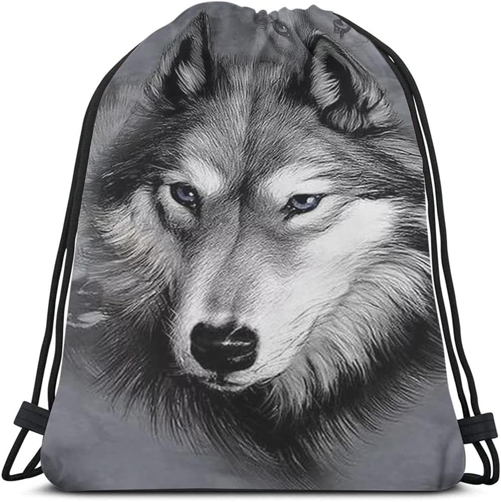 Animal Series Wolf Drawstring Backpack Bag - Hand Drawing Portrait, Cool Wild Wildlife Sport Gym Sack, Yoga Bag for Men & Women
