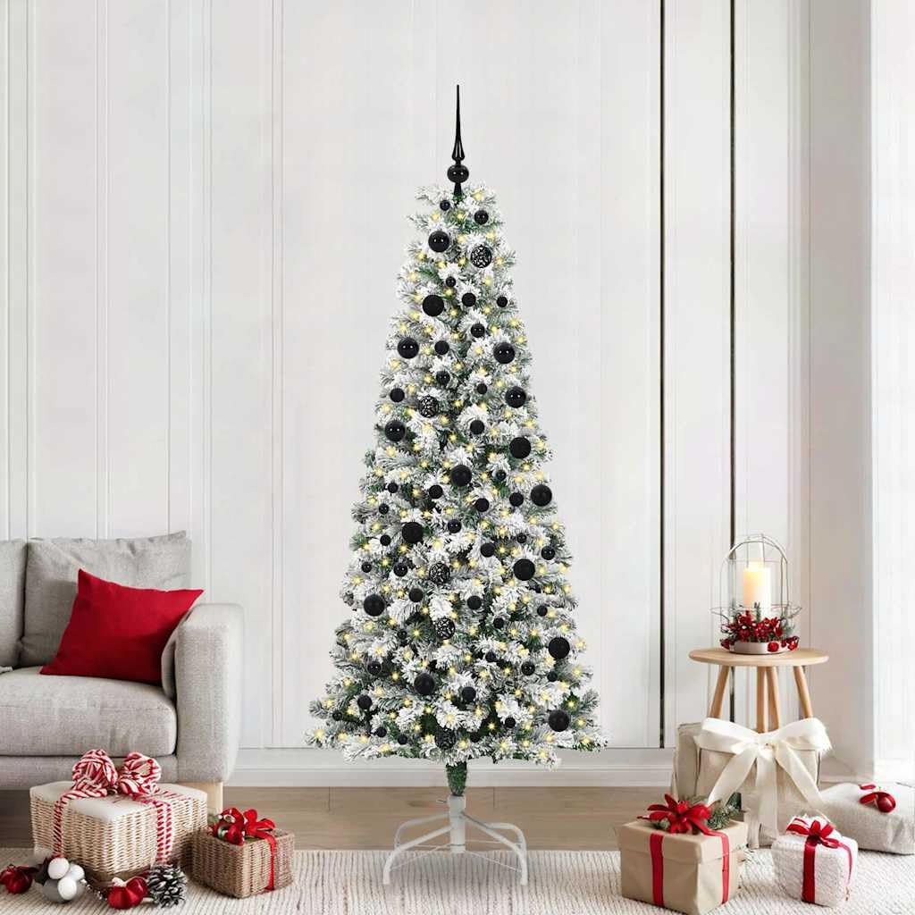 Albero di Natale artificiale pieghevole, 210 cm, verde e bianco, con 694 punte in PVC, 300 LED a luce bianca calda, 8 modalità flash, alimentato tramite USB, robusto supporto in metallo per interni ed