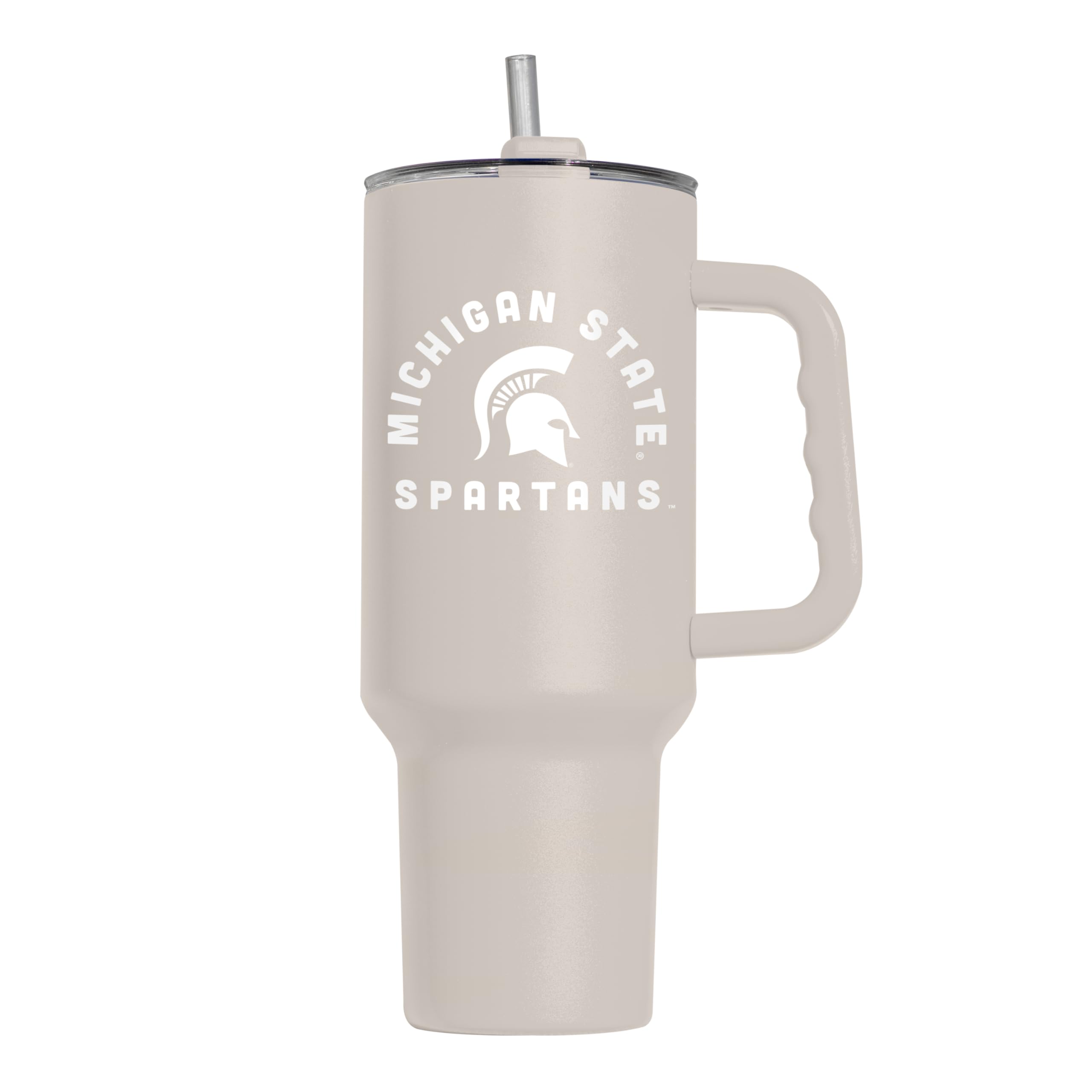 Logo Brands NCAA Michigan State Spartans Sand 40 oz Tumbler with Handle - Stylish Everyday Use Powder Coated-Stainless Steel with Straw- Keeps Cold For Hours
