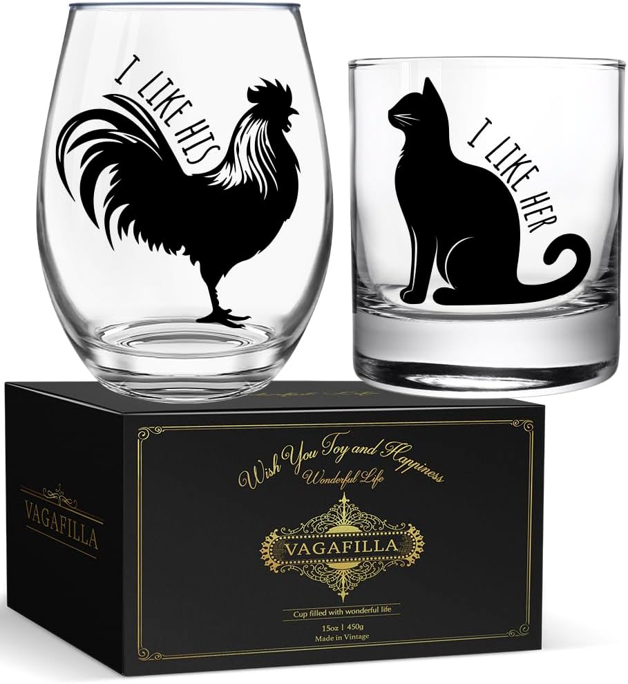 Wedding Wine Glass Gift Set for Wife Husband, I Like Her I Like His Wine Glass15oz, Mr and Mrs Wine Glass,Funny Chicken Cat Glass for Boyfriend Girlfriend