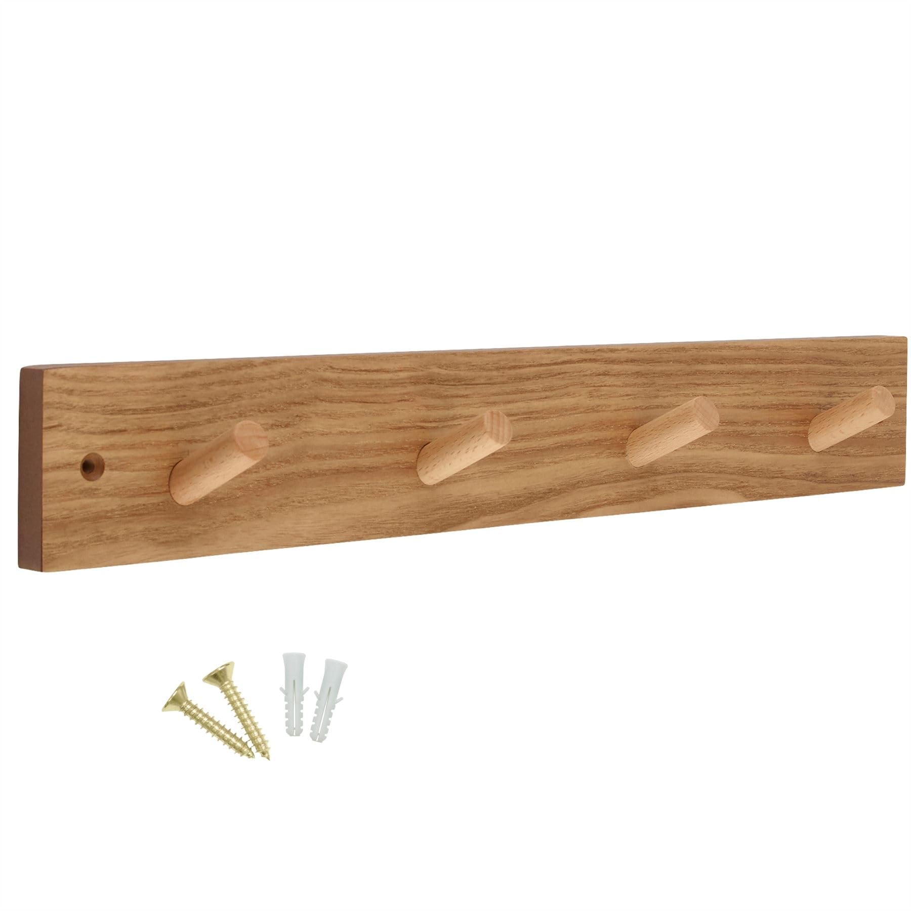 Keypak Pine 4 Hook Wooden Wall-Mounted Coat Rack Coat Hooks - 46Cm Modern Wooden Hook Rail With 4 Heavy-Duty Hooks For Coats, Jackets & Hats, Fixings Included