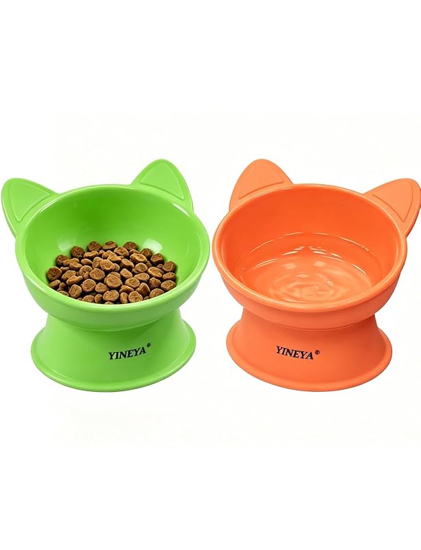 Potes elevados para gatos YINEYA com inclinação de 15° e design amigável aos bigodes, laranja e verde, pacote com 2