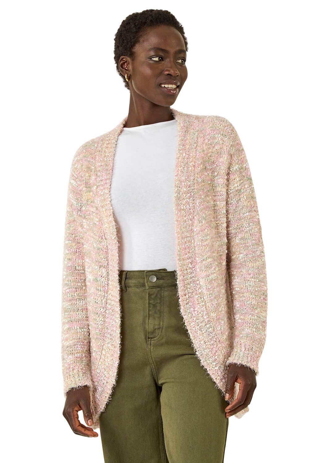 Roman Women's Speckled Popcorn Knit Cardigan Sweater in Light Pink | Size: 18