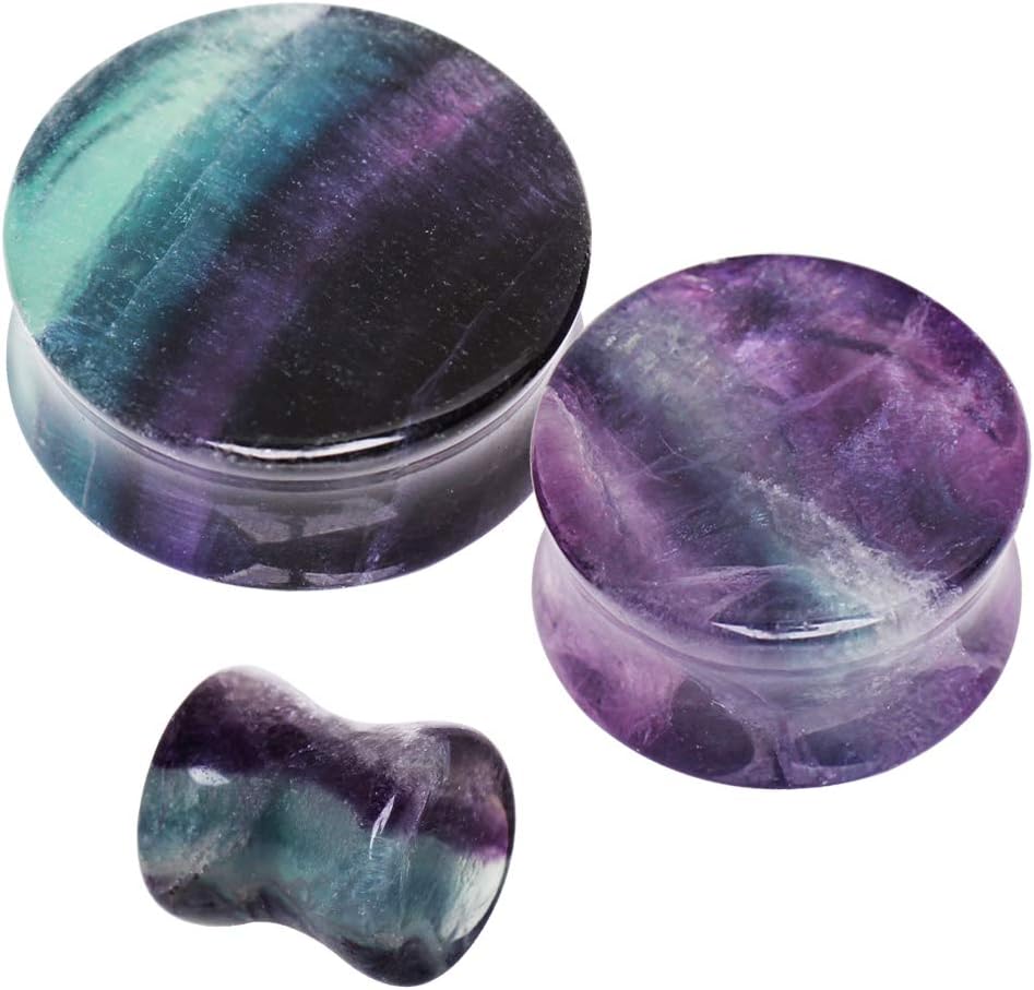 blue palm jewelry Pair of Rainbow Fluorite Double Flare Ear Plugs Expander Gauges 2ga - 1 inch E609