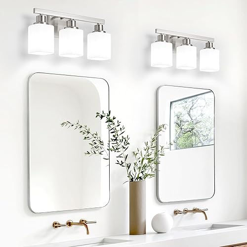 Miniatura 5 de Lámpara de tocador de baño de 3 luces, luces de tocador de níquel cepillado con vidrio esmerilado cuadrado, lámparas modernas de pared de baño sobre