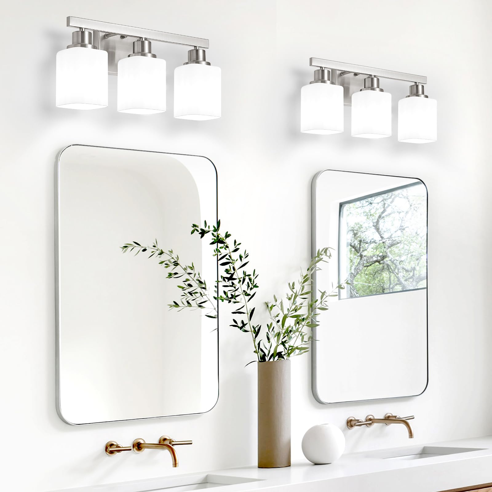 3-Light Bathroom Vanity Light Brushed Nickel Vanity Lights with Square Frosted Glass Modern Bathroom Wall Lights Fixtures Over — view 5