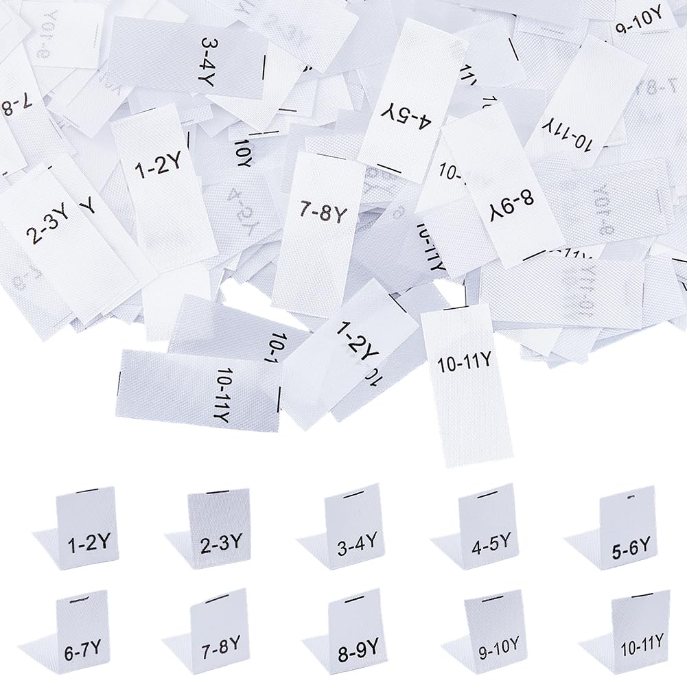SUPERFINDINGS 1000Pcs 10 Styles Polyester Clothes Tags 1~11Y Woven Size Label Clothing Sewing Labels Fabric Embroidered Label Tags for Crafting Sew on Clothes Retail Apparel