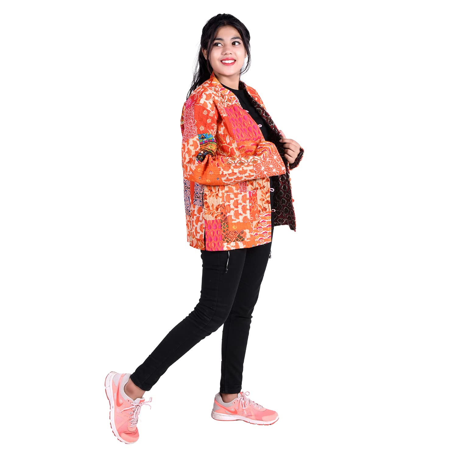 handicraft bazarr Double Side Wear Jacket Kantha Quilted Patchwork, Full Sleeve Warm Coat Ethnic Mandarin Collar Cardigan Coat M-Size-picture-27
