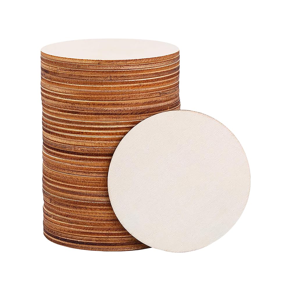 Hugede Wood 100 Pcs Unfinished Round En Discs Circle Blank Slices En Cut Outs Cutouts Mini Craft Boards For Painting Decoration 5Cm
