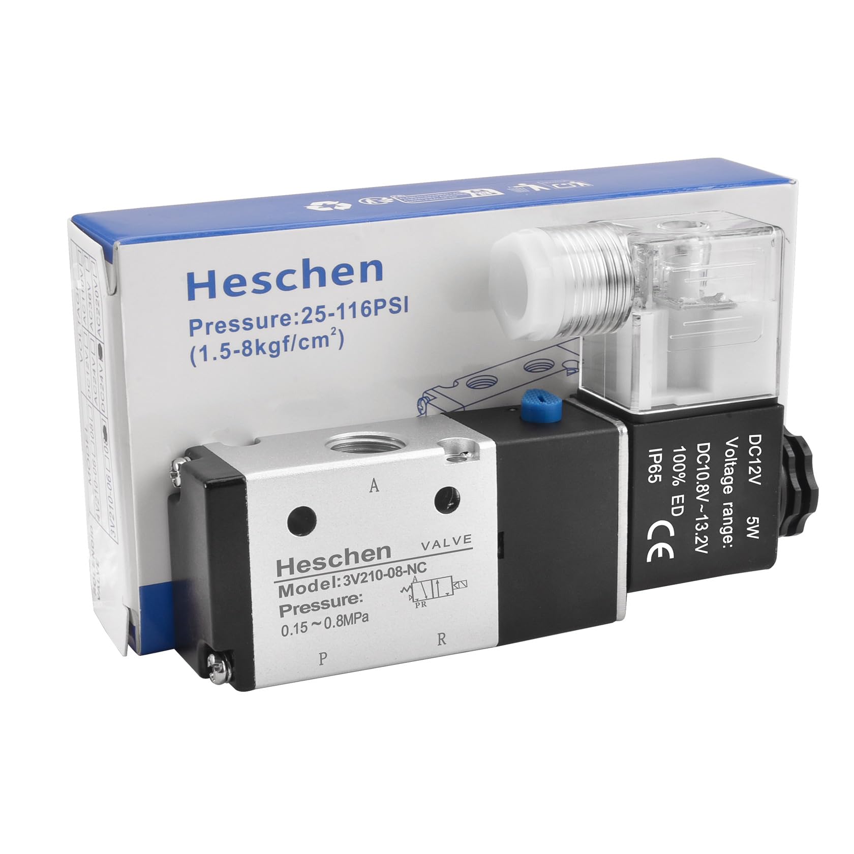 Heschen Elektryczny pneumatyczny zawór elektromagnetyczny 3V210-08 PT1/4 3/2-drożny (DC 12 V)