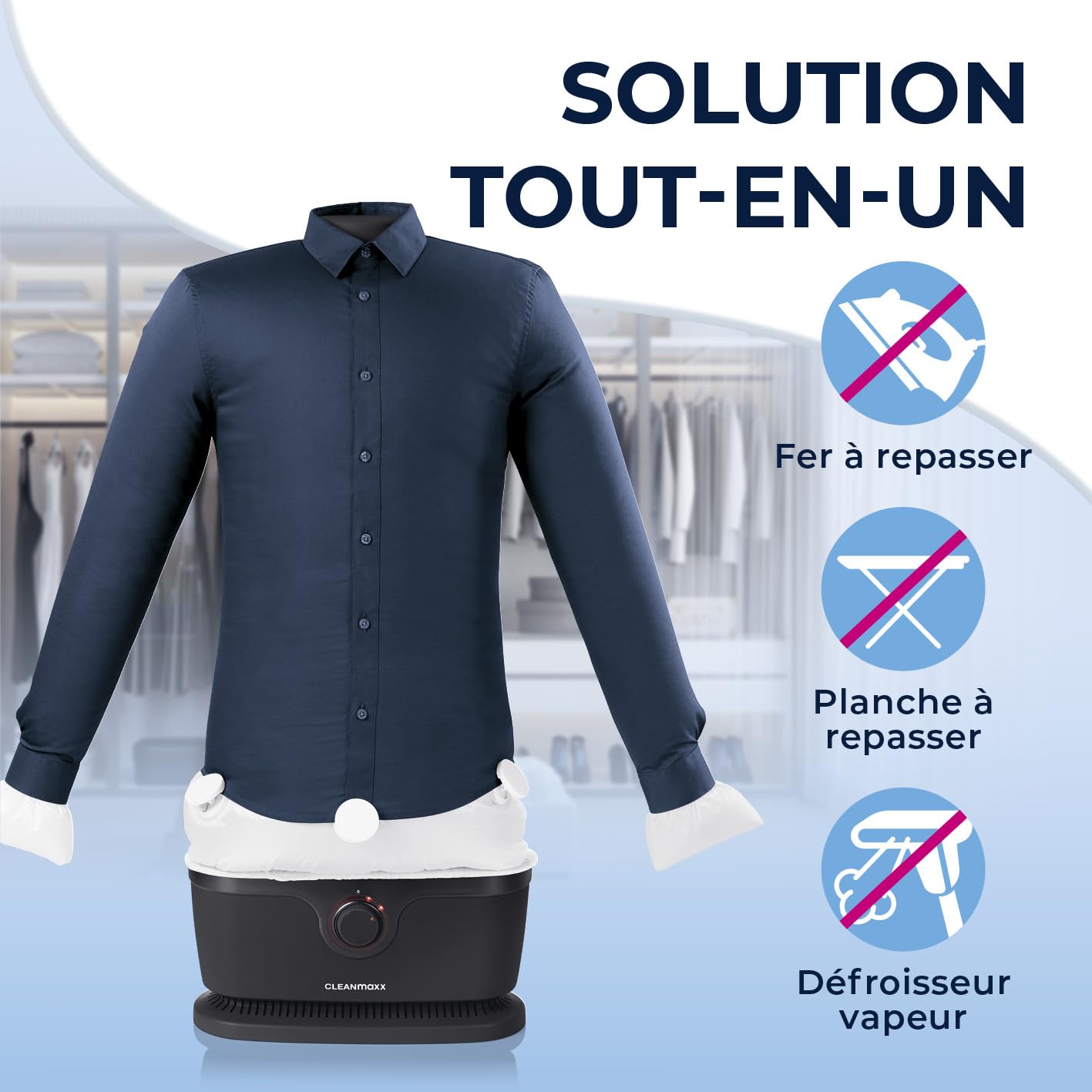 CLEANmaxx Repassage automatique de chemises PRO | Remplace le fer à repasser, le défroisseur vapeur et le steamer | Appareil de repassage pour chemises, chemisiers & t-shirts | Innovant & efficace