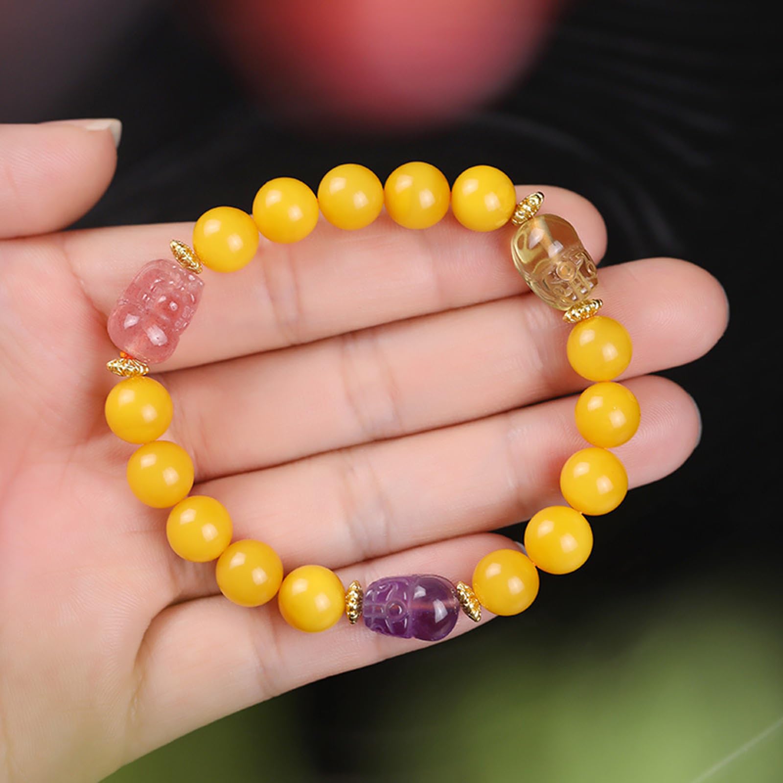 Natürliches Honigbernsteinarmband mit Kristall-Pixiu-Anhänger, handgefertigtes Stretch-Edelsteinarmband, Chakra-Reiki-Heilarmband für Damen und Herren