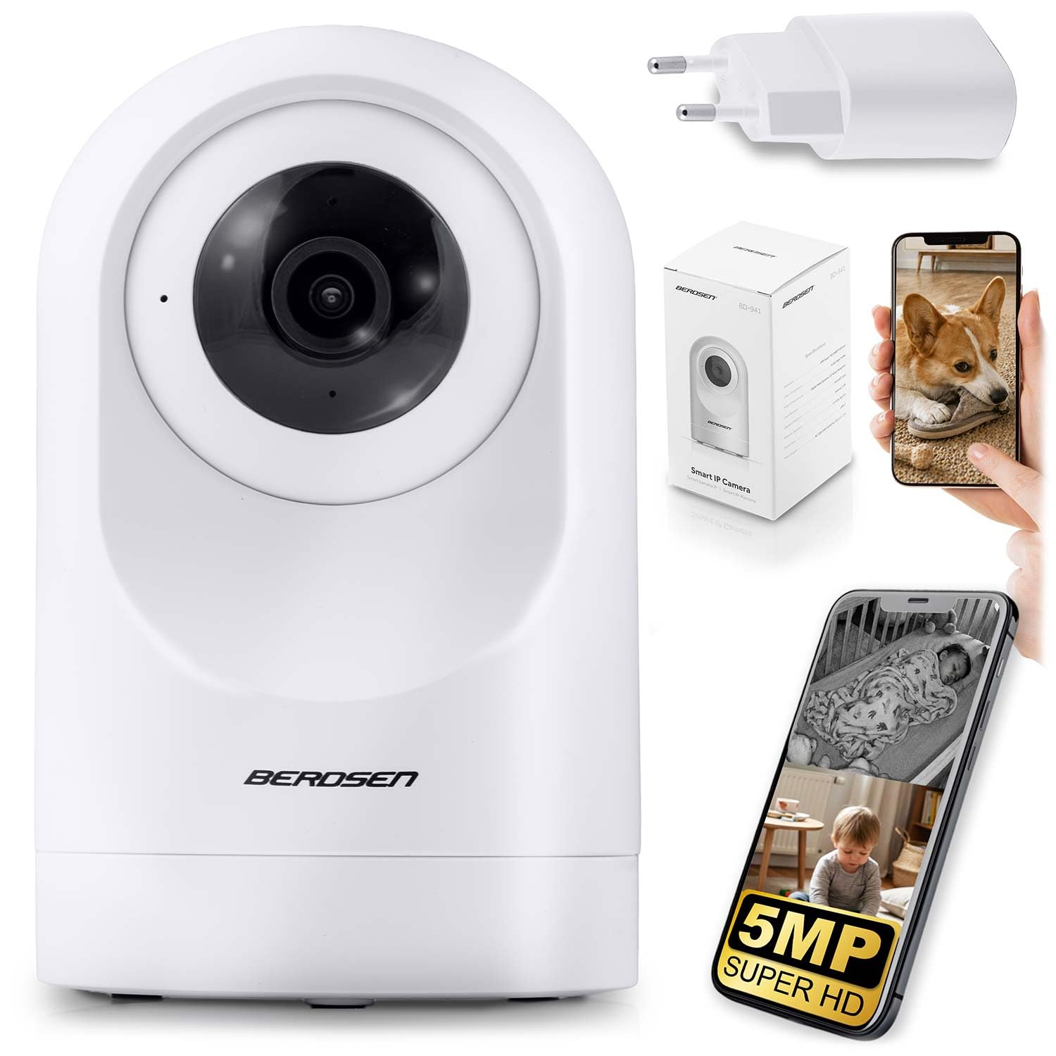 Berdsen Vigilabebés con cámara WiFi IP de 5 MP Tuya - ángulo de visión de 109°, orientable 355°/60° - Modo Nocturno, detección de Movimiento, Audio bidireccional, microSD