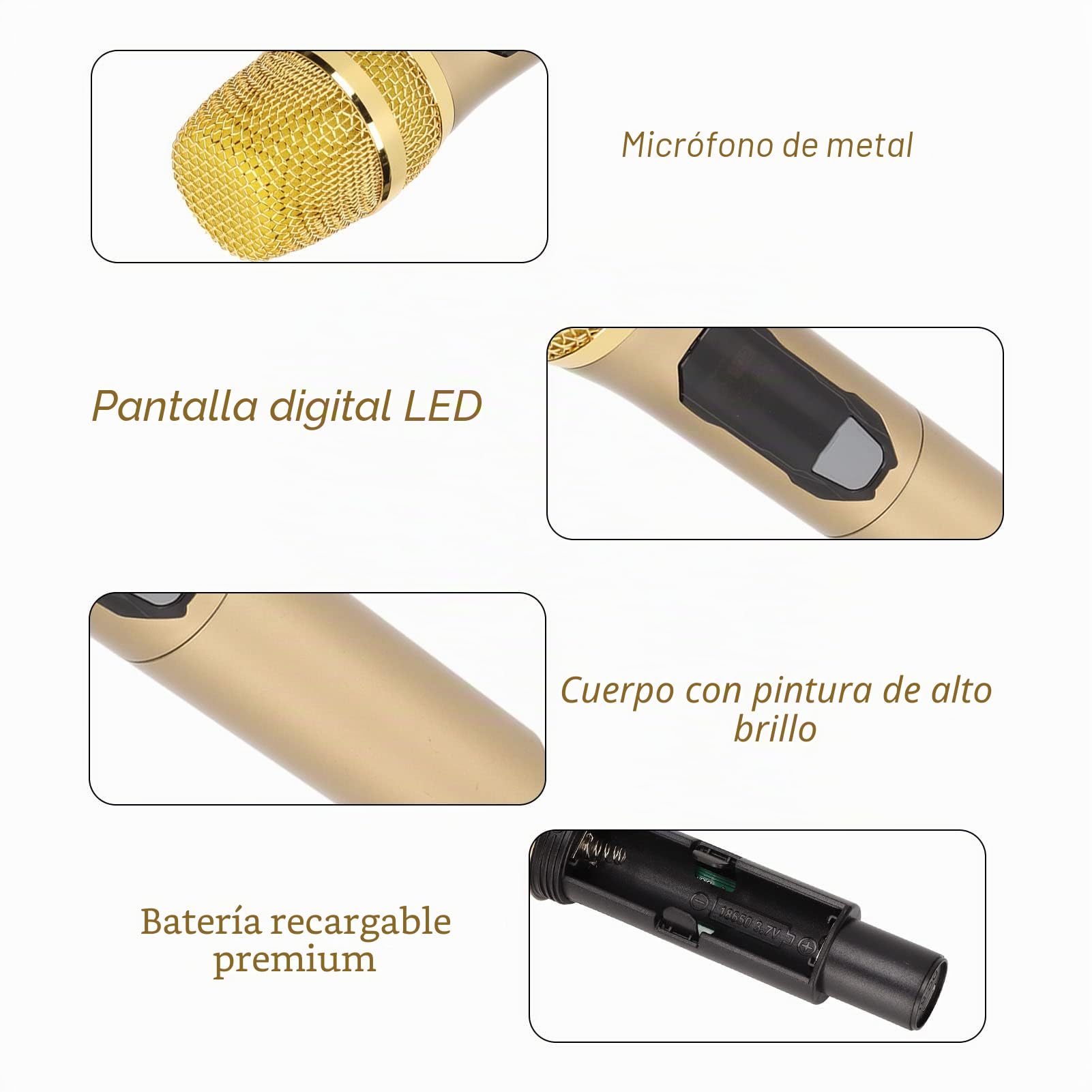 Goshyda Micrófono Inalámbrico, de Micrófono de Mano Inalámbrico Bluetooth Karaoke, con Pantalla LED Inteligente, Señal Estable, para Conferencias en el Hogar Al Aire Libre, para Teléfono(Oro)