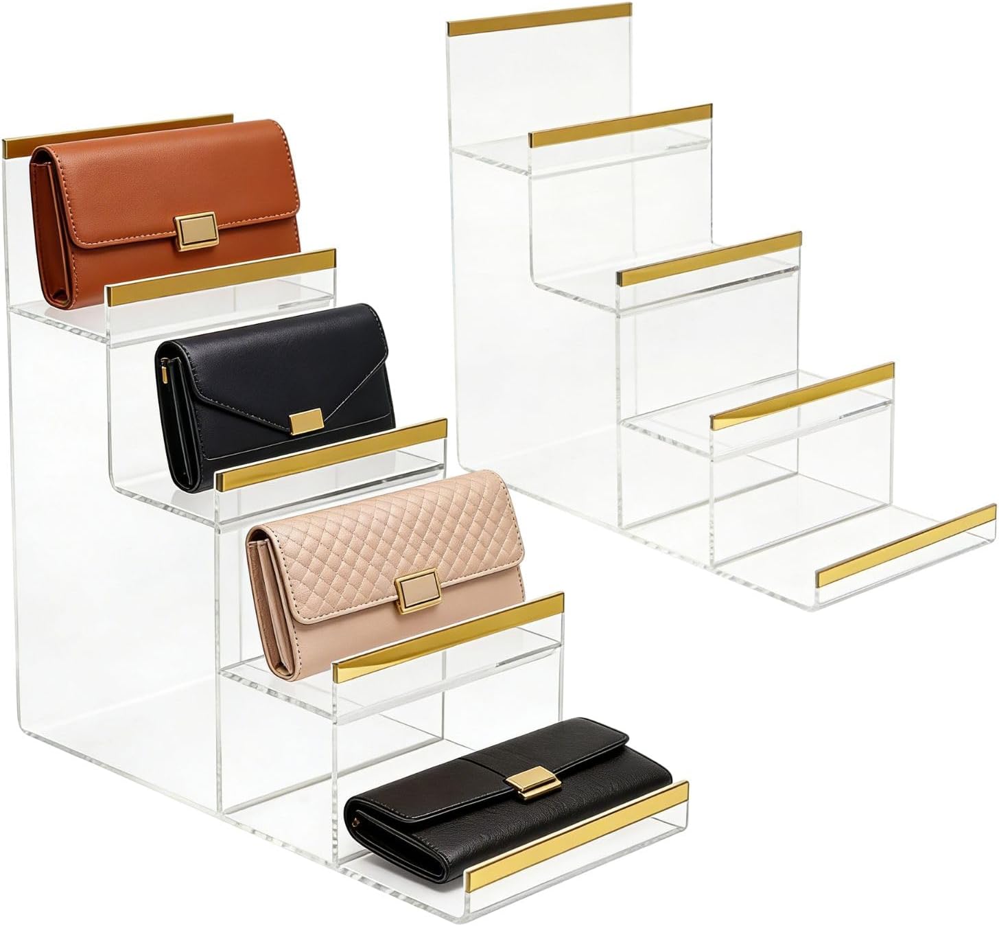 bangminda 2 Pcs Purse Display Stands, 4-tier Acrylic Wallet Risers with Golden Edge, 2.5-Inch Space-saving Handbag Display Shelves, Countertop Organizer Racks for Clutches, Perfume, Accessories