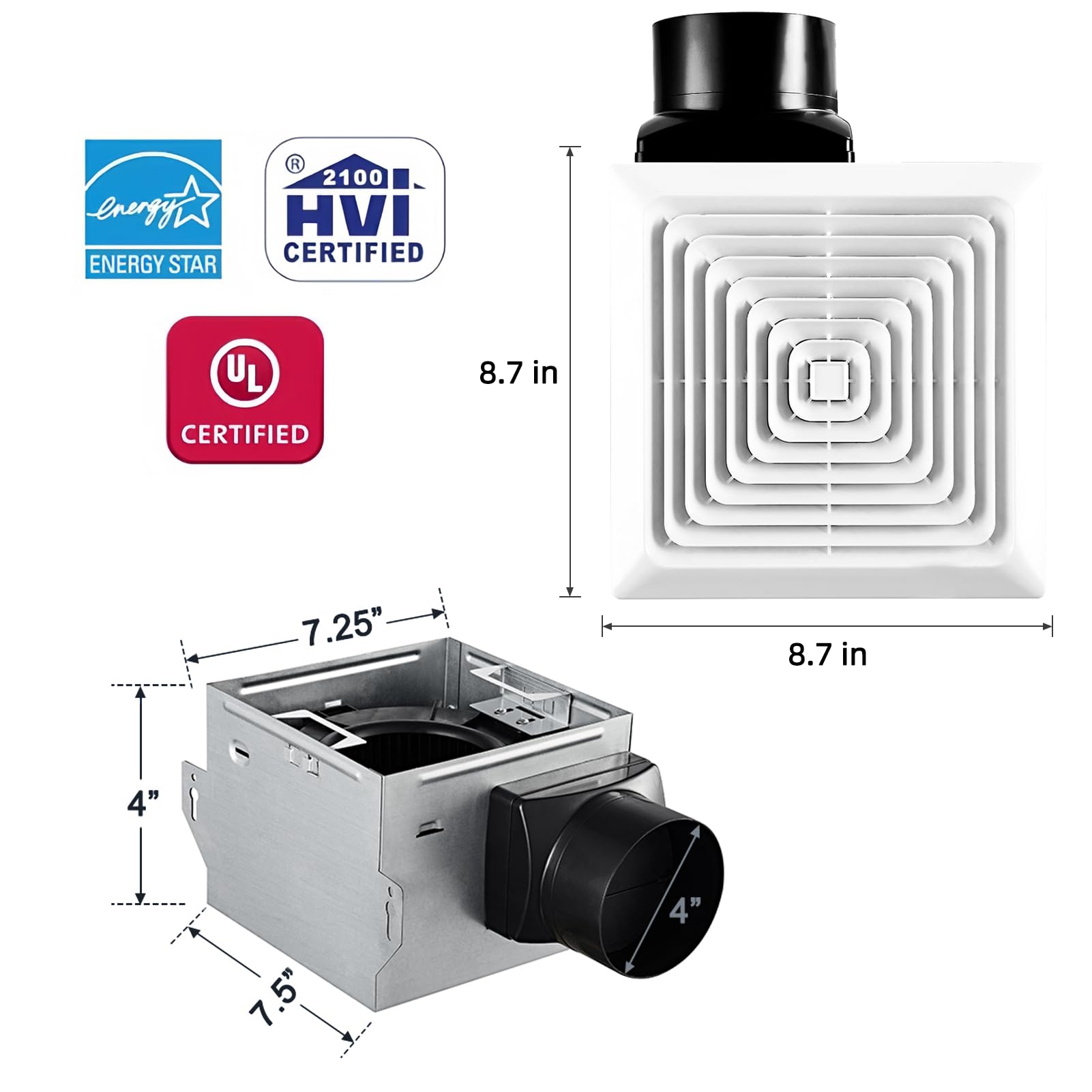 Ventola di scarico da bagno 80 CFM 1.5 Sone, condotto da 10 cm, ventola di ventilazione certificata Energy Star silenziosa, facile da installare, non è necessario l'accesso alla