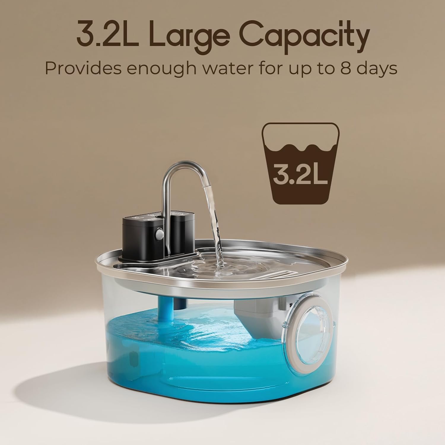 Edelstahl-Katzenbrunnen mit Wasserhahn-Design – 3,2L kabelloser Trinkbrunnen, 3 Betriebsmodi & 4-Stufen-Filter (inkl. 3 Filtern)