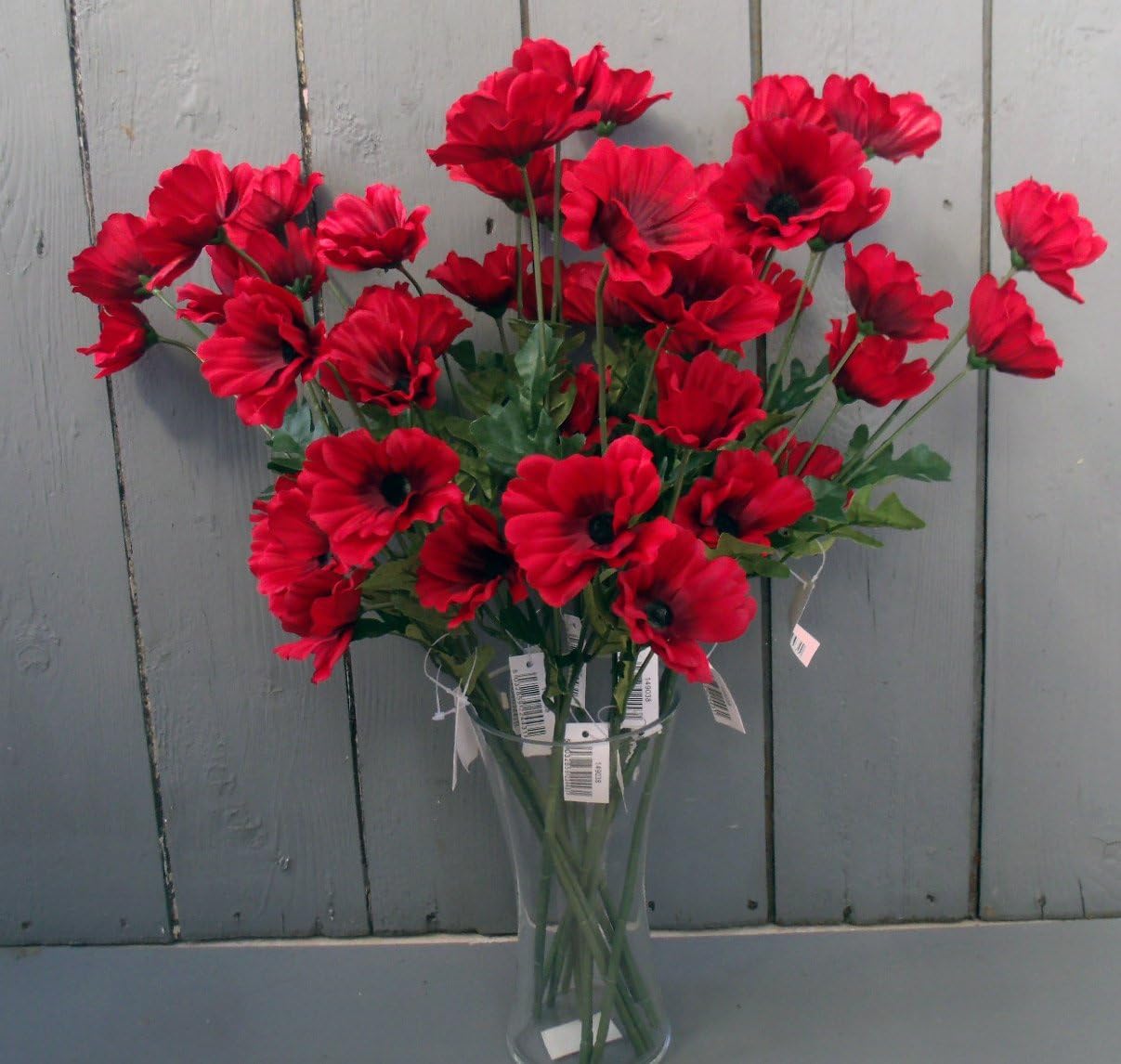 10 x Red Poppy Stems 45cm Artificial Flowers 4 Flower Heads per Stem Wild Red Poppies with Green Leaves