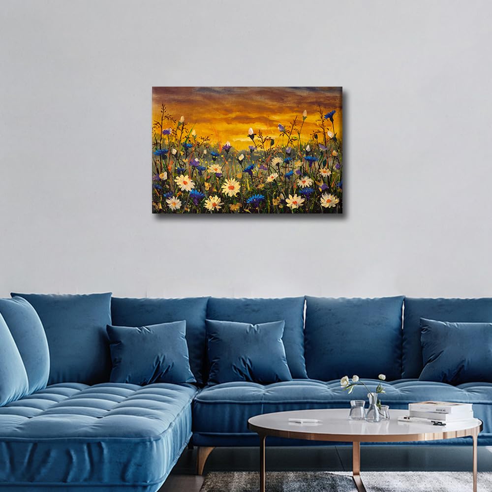 TISHIRON Wall Art Canvas Prints,White and Blue Cornflowers Oil Paintings Prints Landscape Impressionism Artwork Daisies Flowers Framed for Living Room Bedroom Home Decor 16x24 in - Image 3