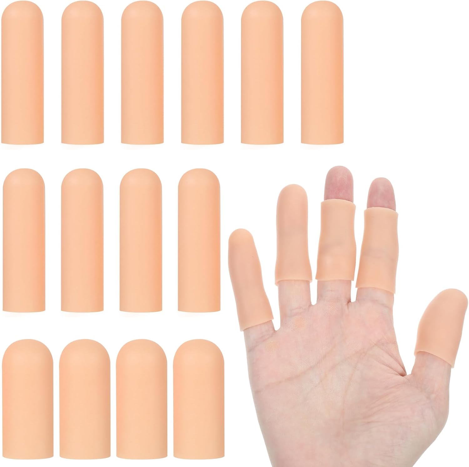 Piriuuo 14 Pcs Silicone Finger Protectors, Reusable Fingertip Protector | Soft High Elastic Gel Finger Cots, Waterproof Rubber Finger Tips Protector Against Dryness Rubbing Finger, 2 Sizes Skin Color