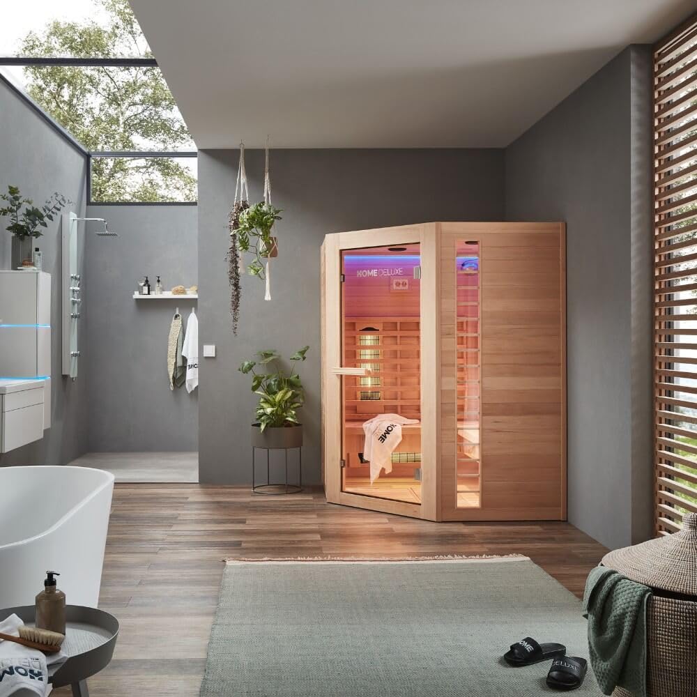 Home Deluxe – Cabine infrarouge – REDSUN XXL DELUXE -150 x 150 x 190 cm - pour 4 personnes, 7 radiateurs à spectre complet – Bois : pruche I Sauna infrarouge, sauna, cabine chauffante, infrarouge