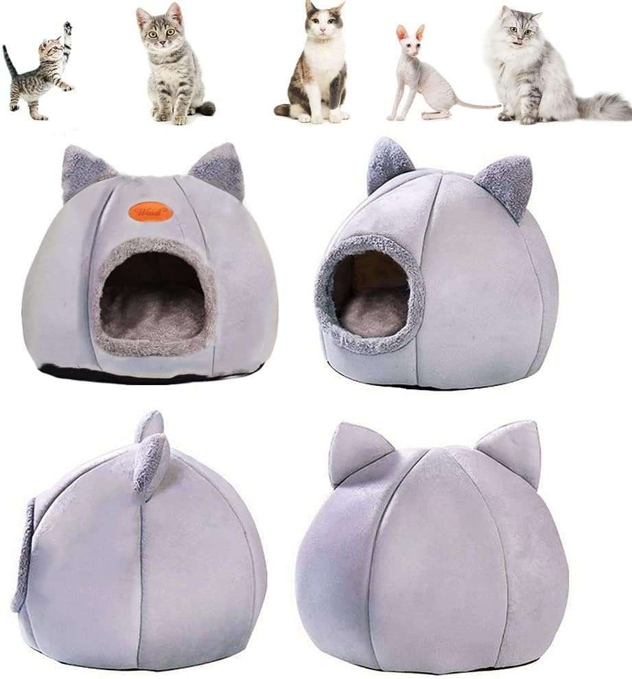 Höhlen-Hundebett Katzenhöhle, Katzenbetten für Hauskatzen, Faltbare Katzenbetthöhle, Katzenhaus mit waschbaren Kissen weiches und warmes Katzenhaus für drinnen für Kätzchen und mittelgroße (grey, L)