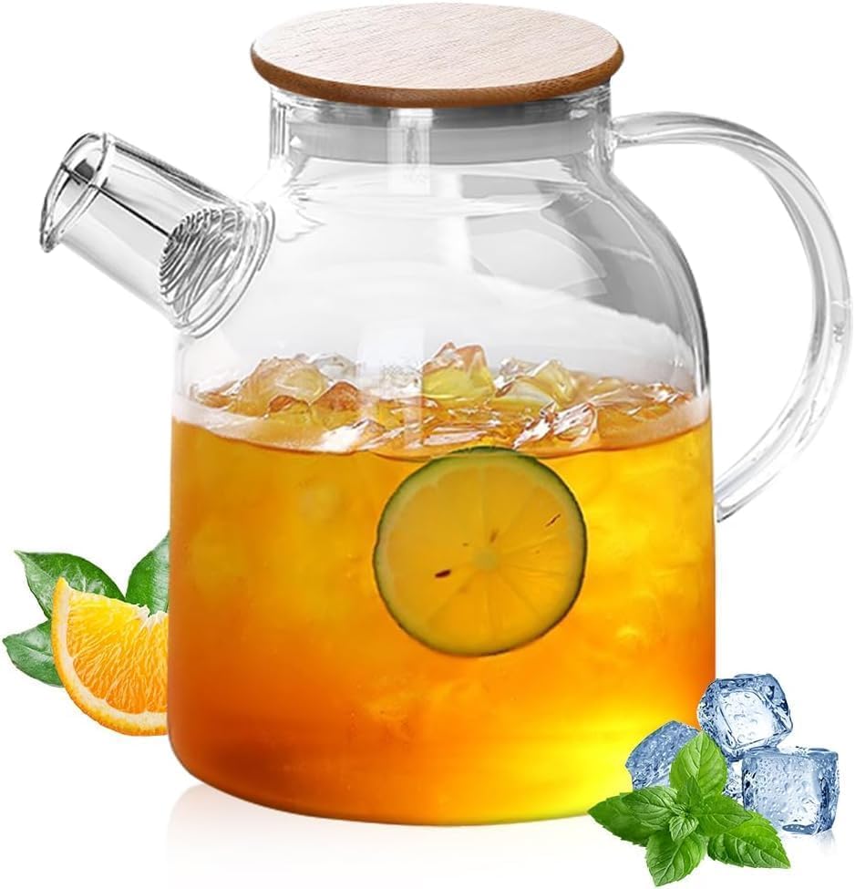 Image of Borosilicate Glass 1.8 LTR Water Jug with Handle, Juice Beverage Carafe with Bamboo Lid, Big Glass Iced Tea Pitcher, 1 Pcs Set (Borosilicate 1.8 Liter Kettle)