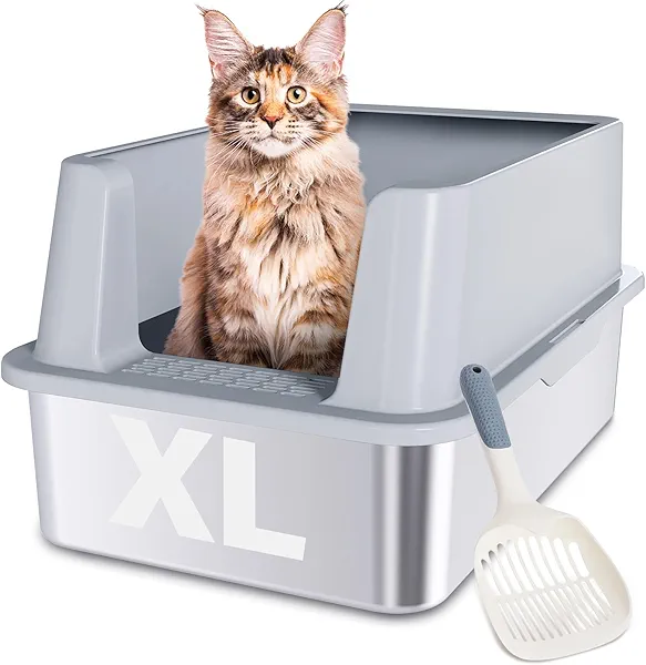 FUTAM Stainless Steel Cat Litter Box, XL Metal Litter Box with Lid, High Sided Extra Large Litterbox for Big Cats, Anti-Urine Leakage, Never Absorbs Odors, Easy Cleaning, Non-Stick, Include Scoop