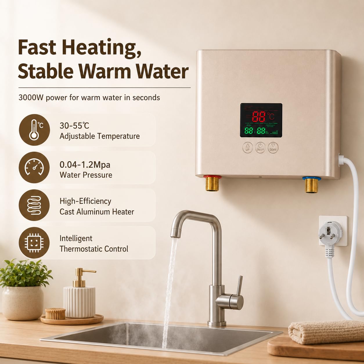 Mini Durchlauferhitzer Küche 3000W, Elektrische Durchlauferhitzer Klein, 30-55 ℃ Elektrische Warmwasserbereiter mit LED Digitalanzeige Panel und Fernbedienung, für Küchen, Waschküchen