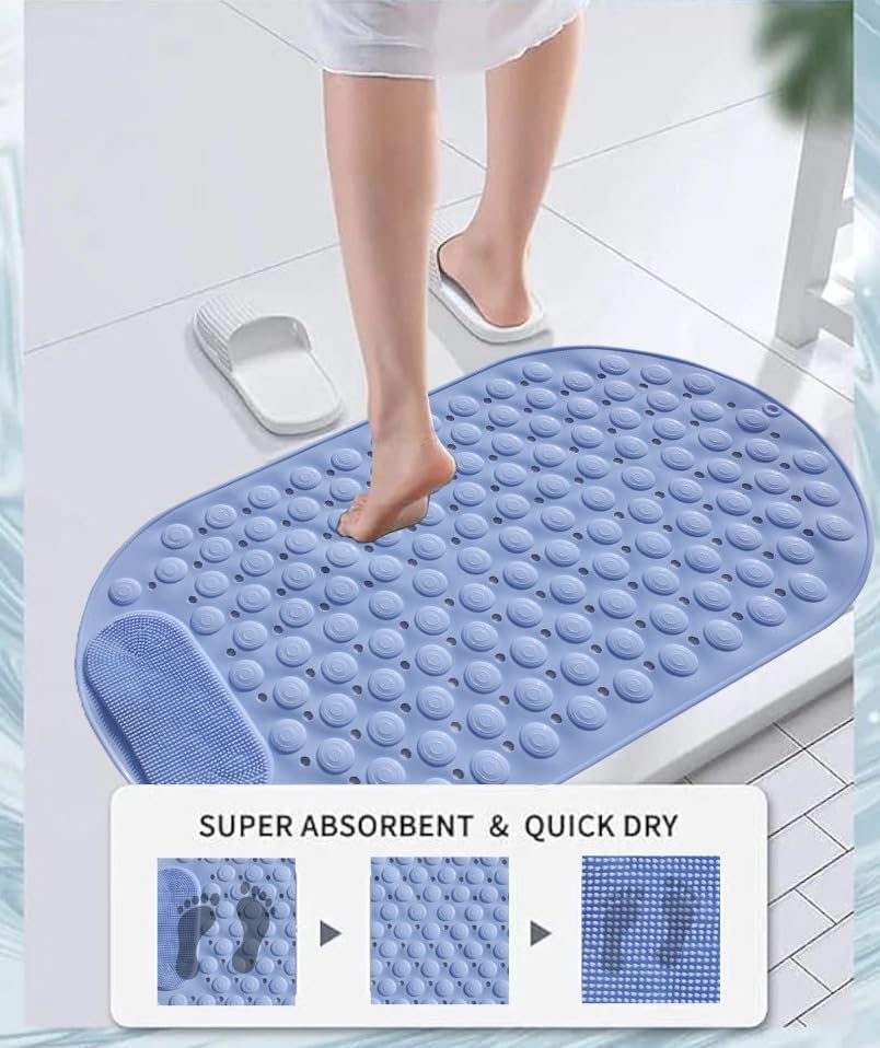 Image of Homecloud Anti Skid Mat for Bathroom Floor Shower mats for Bathroom Anti Slip with Foot Scrubber Bath mat Anti Slip with Suction Cups & Drain Holes (69x35 Cm)(Oval Blue)
