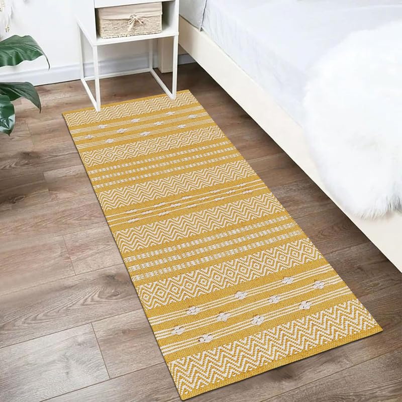 Image of FIASCO Hand Woven 100% Natural Cotton Export Quality Designer Striped Rug, Bed Side Runner Rug Carpet for Bedroom, Passage,Living Room, Size- 2X5 Feet Yellow & White Zig zag New