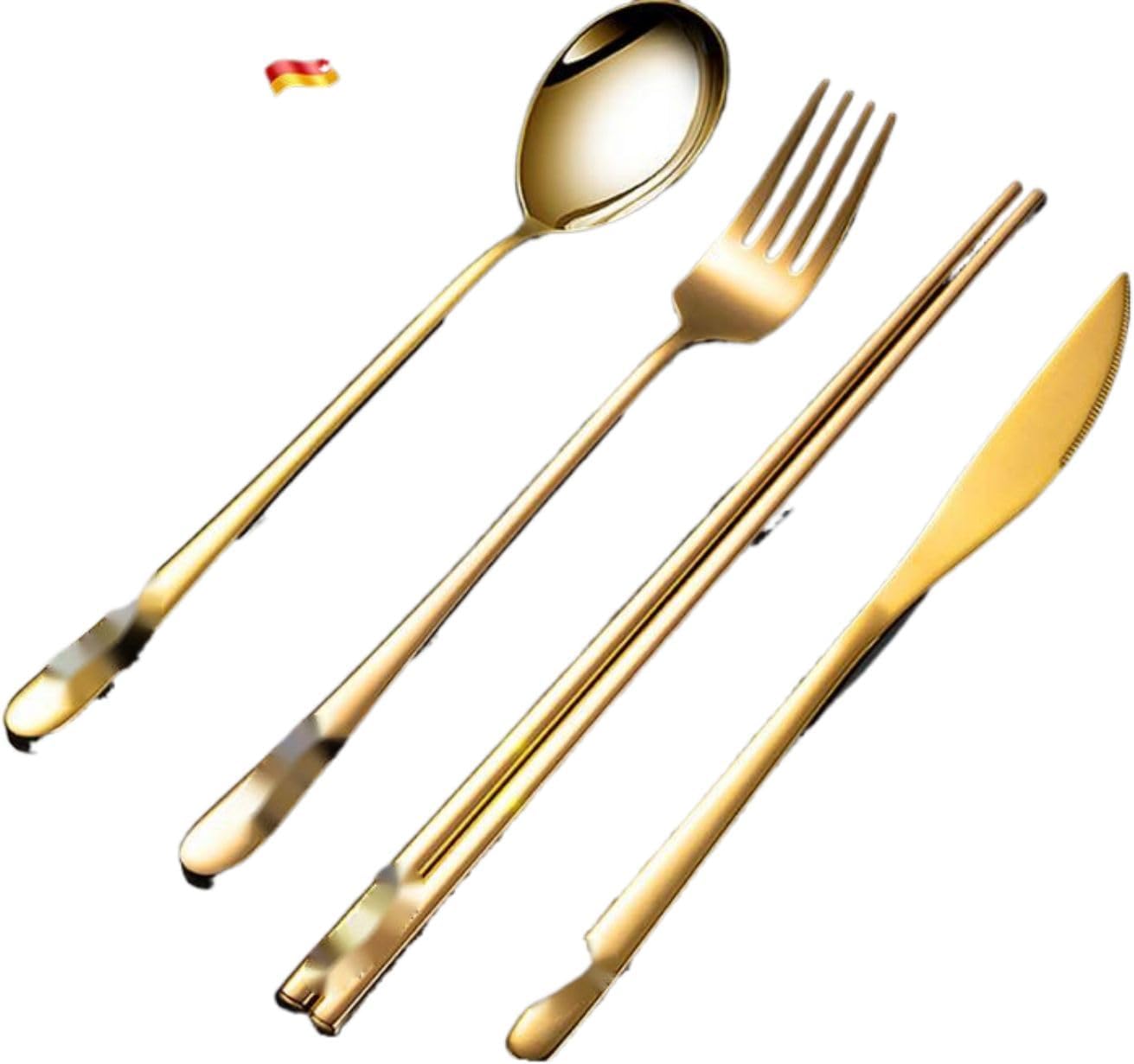 高档304不锈钢刀勺三件套筷子勺子 Stainless Steel Long handled soup spoons，Spoons,Meal spoon 两件套金色勺西餐餐具套装 Household Cleaning，Kitchen Storage Essentials