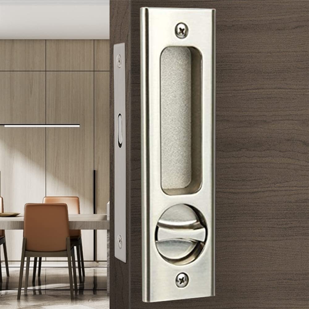 VICTAC Sliding Door Lock with Recessed Handle in Brushed Steel Finish with 3 Keys Interior Wood Pocket Door Lock Furniture Hardware — Amazon image 4