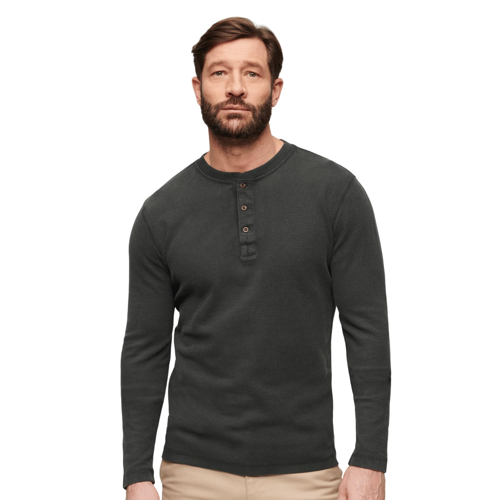 Superdry Waffle Long Sleeve Henley Top M6010776A Washed Black Size S, Washed Black, S